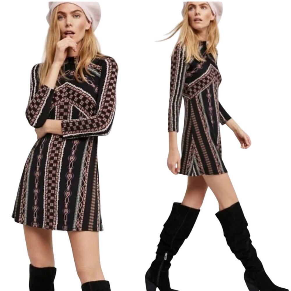 Free People Black Mini Dress with Pink & Cream Geometric Print